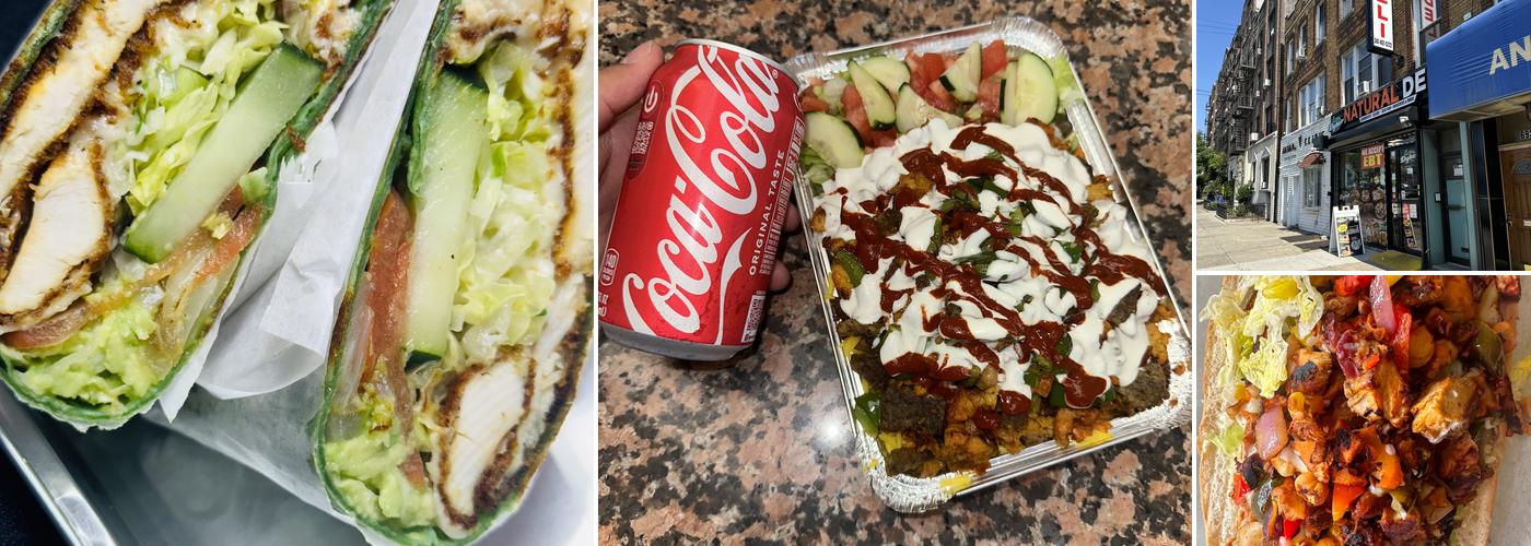 Dyker Natural Deli — grilled chicken wrap, mix over rice platter, and the storefront on 86th St